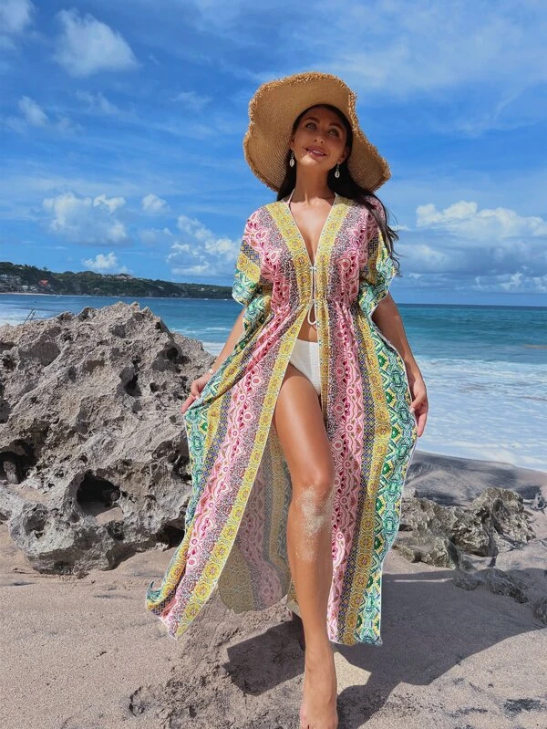 กิโมโน พิมพ์ลาย ดอกไม้ เชือกรูดที่เอว  mm-87