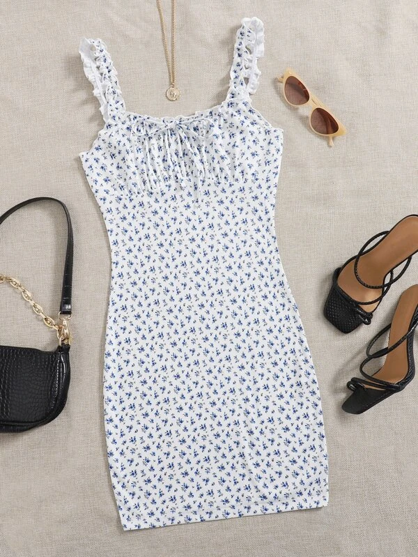 ชุดกระโปรงรัดรูปพลัสไซส์ ลายดอกไม้ แต่งจีบช่วงอก สายแต่งระบาย  038