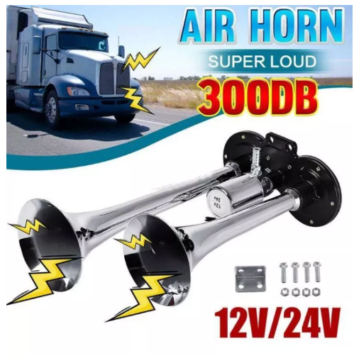 JIM06-แตรด่วนไฟฟ้าปากเหล็ก 2 ปากยาว แตรลม สำหรับ รถบรรทุก รถบัส รถทัวร์ รถสิบล้อ เรือ รถบรรทุก ใช้ได้ทั้ง 12V และ 24V