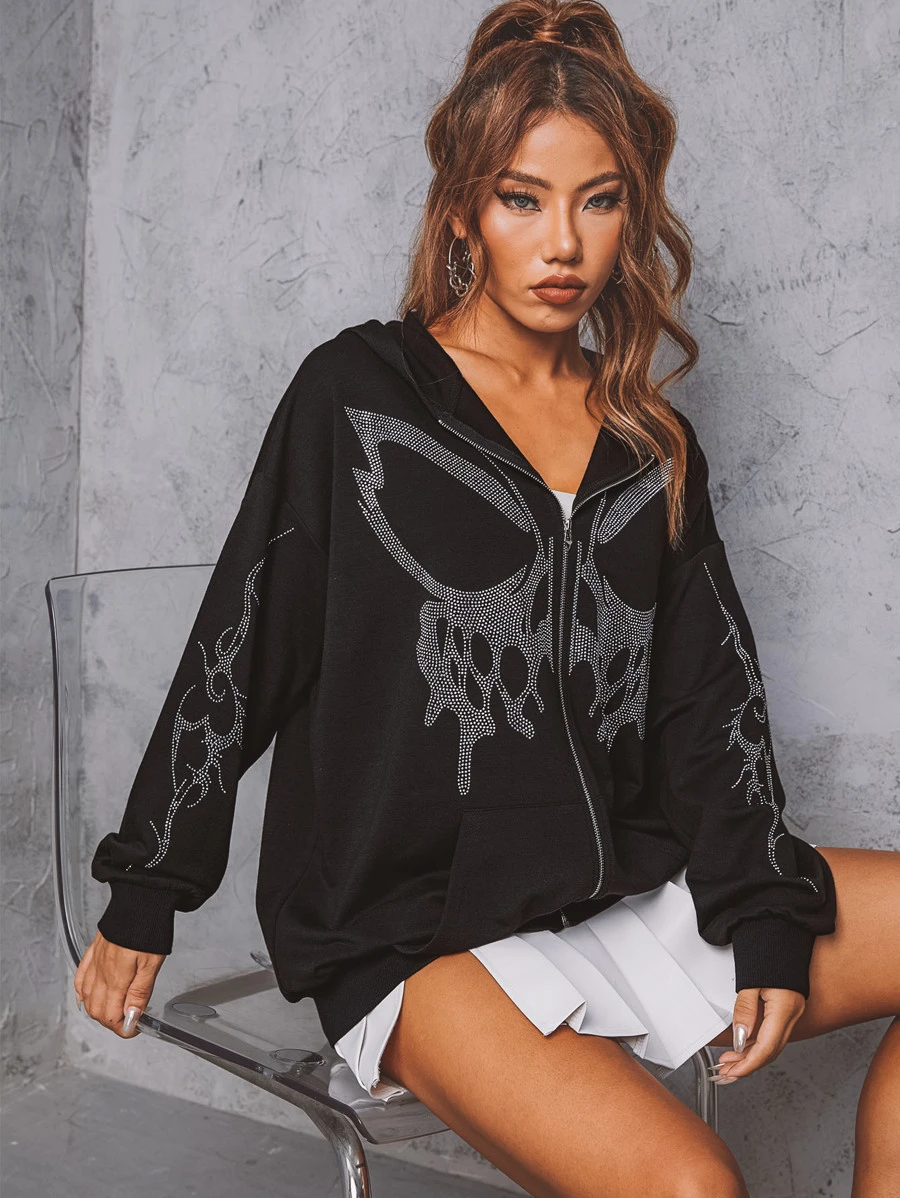 ฮู้ดดี้ พลอยเทียม ลาย ผีเสื้อ ไหล่ตก ซิป cc-78