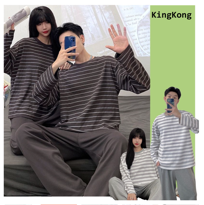 MA70>ชุดนอนคู่รัก ชุดนอนผ้าฝ้าย คอกลม แขนยาว ลายทาง สไตล์เรียบง่าย ใส่ตอนกลางคืน สําหรับผู้หญิง