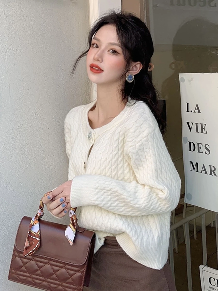 Honeyspot คาร์ดิแกน ถักลายสายเคเบิล ไหล่ตก i-47