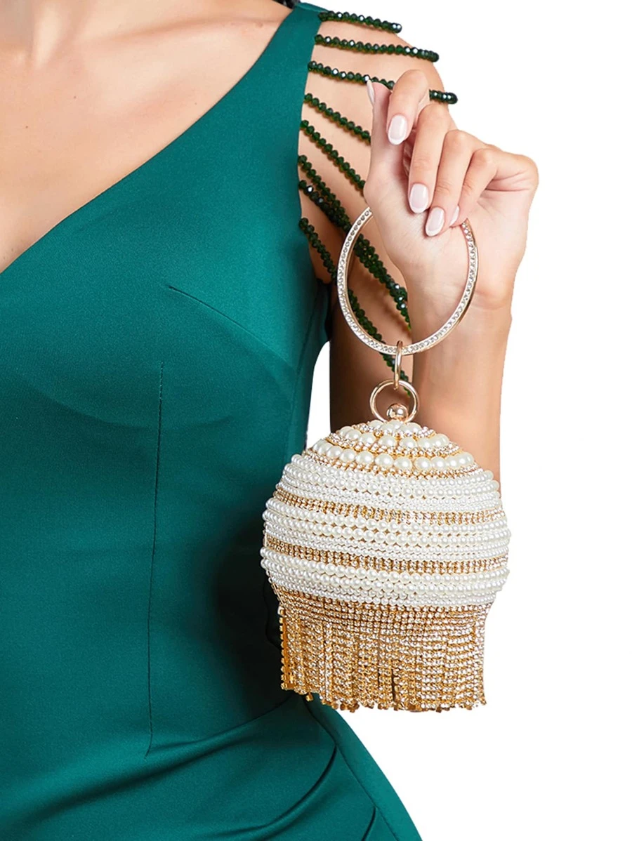 กระเป๋าราตรี มินิ ไข่มุก & ตกแต่ง พลอยเทียม v-90