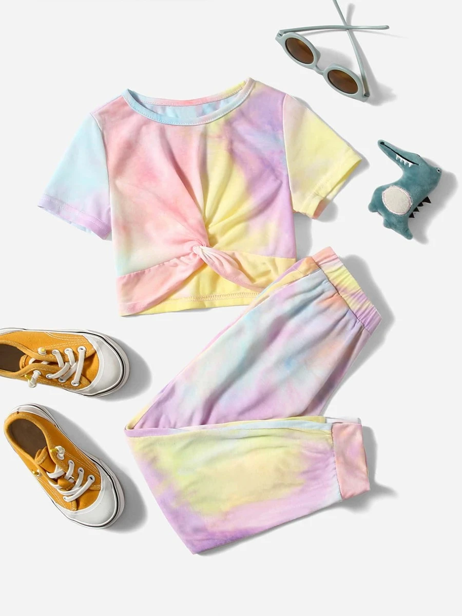 เด็กผู้หญิง เสื้อยืด & กางเกงวอร์ม มัดย้อม บิดเกลียวหน้า a-18