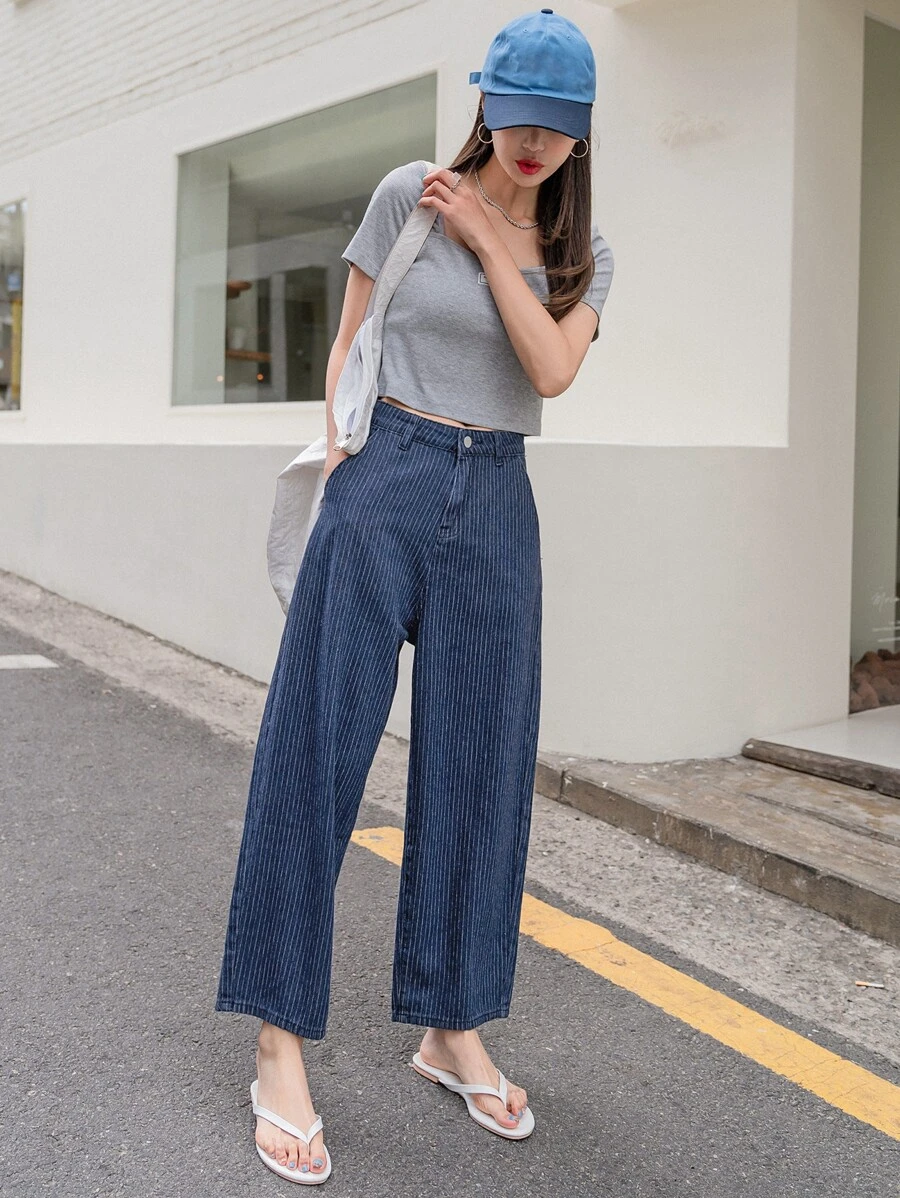 DAZY ยีนส์ ลายทาง กระเป๋าแนวทแยง ขากว้าง ee-62