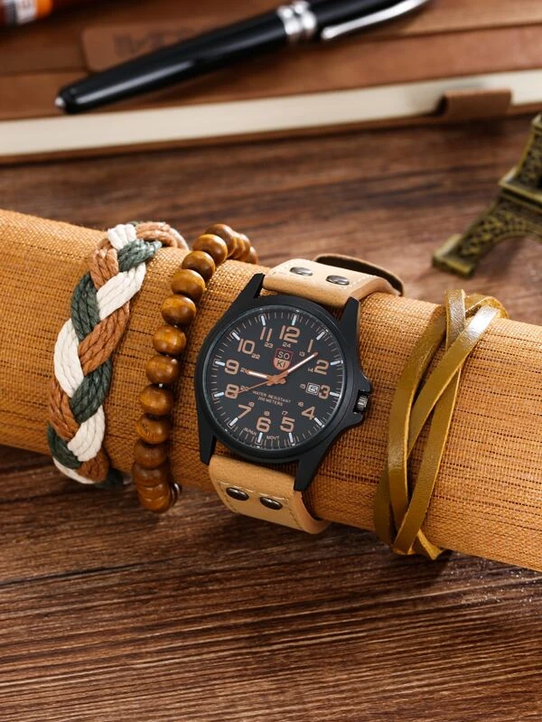 นาฬิกาควอทซ์ตัวชี้แบบกลมสำหรับผู้ชาย 1 เรือนและสร้อยข้อมือ 3 เม็ด  น-196