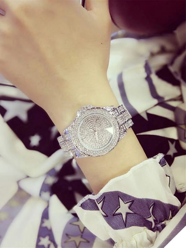 นาฬิกาควอตซ์เข็มกลมประดับด้วยพลอยเทียม น-66