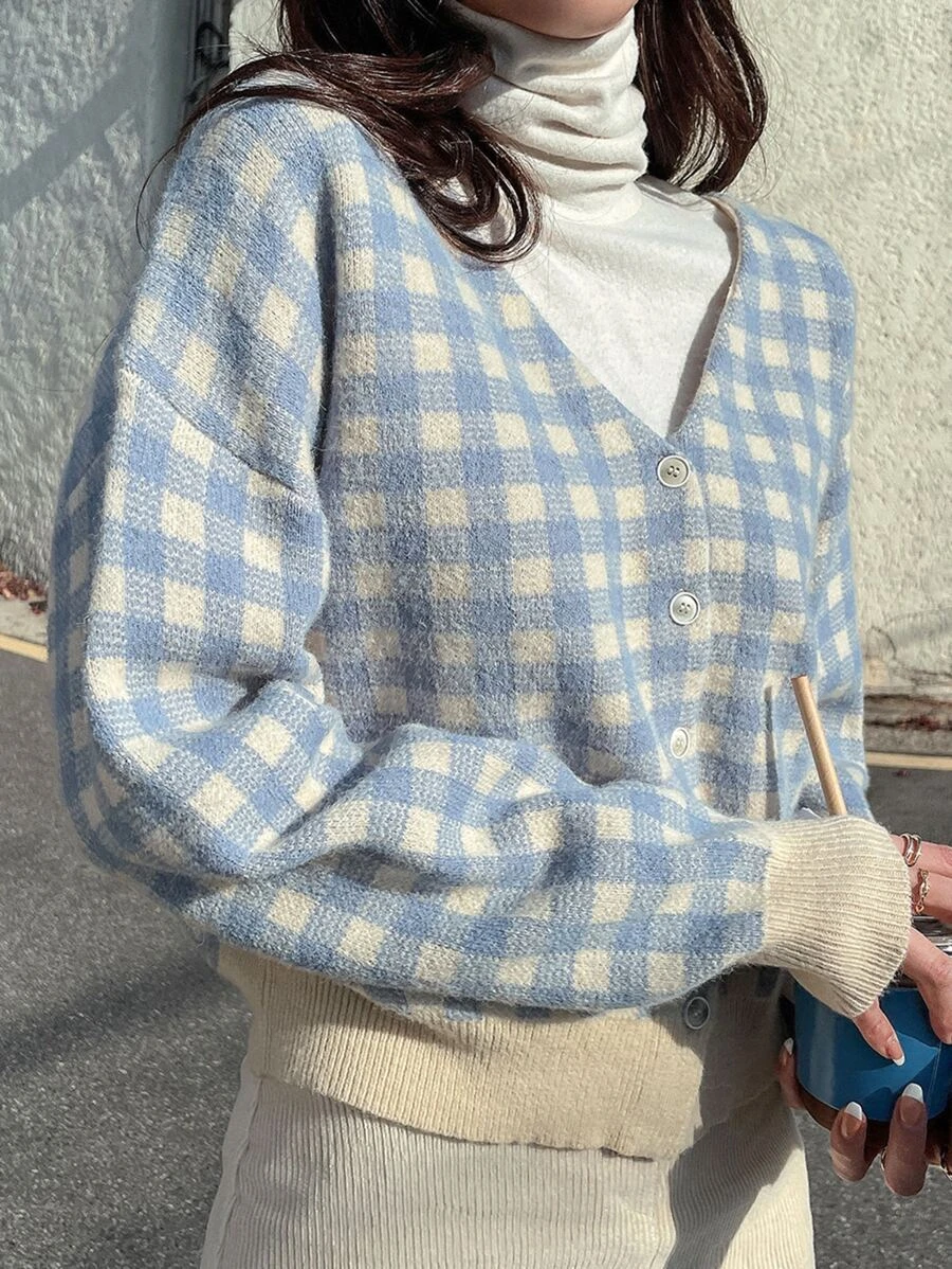 DAZY คาร์ดิแกน ลายกิงแฮม ไหล่ตก  i-39
