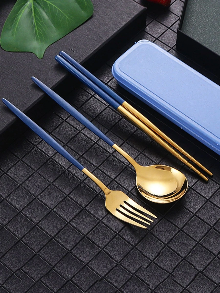 4 ชิ้น สแตนเลส ช้อน & ส้อม & ตะเกียบ & กล่อง  hh-5