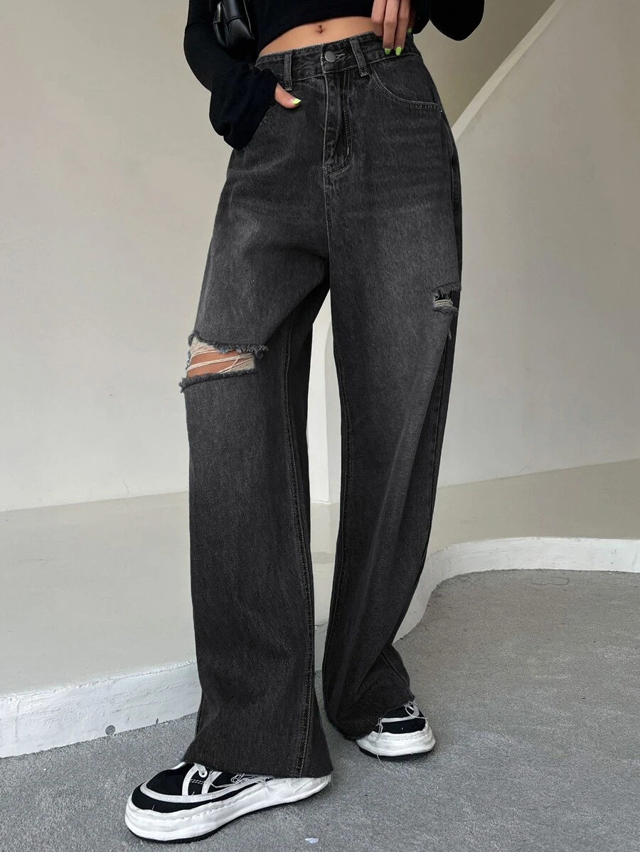 DAZY กางเกงยีนส์ แต่งขาด ชายรุ่ย ลายเฟดผ้ายีนส์ ฟอกสี ขากว้าง ee-3