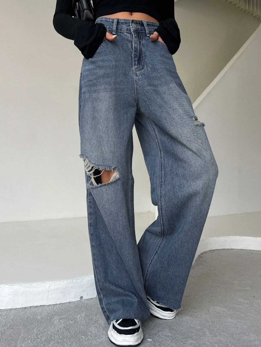 DAZY ยีนส์ แต่งขาด ขอบรุ่ย แต่งสีฟอก ขาบาน ee-2