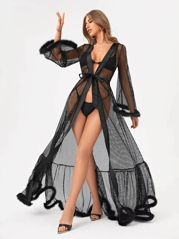 กิโมโน แขนกระดิ่ง ฟัซซี่ ทริม แต่งเข็มขัด ตาข่ายโปร่งแสง  mm-228