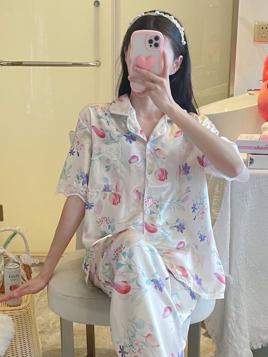 ซตชุดนอนผู้หญิง ชุดนอนผู้หญิง ชุดนอนผ้าซาติน แขนสั้นขายาว ขอบลูกไม้ เรียบหรู ผ้าซาติน bb-19