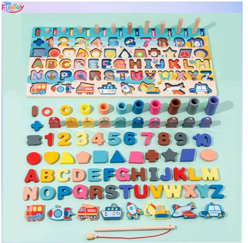 JIN60-กระดานไม้เสริมพัฒนาการ 7in1 กิจกรรมในชุดเดียว นับเลข ตกปลา เสียบเสา เรียนรู้รูปทรง ตัวอักษร ของเล่นไม้ ของเล่นเด็ก