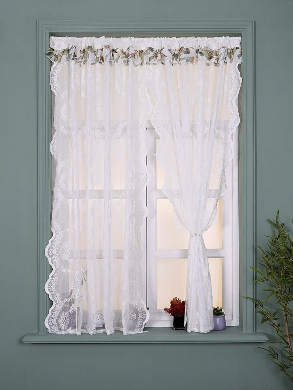 ผ้าม่านโปร่งบานเดี่ยว ปักดอกไม้ ขอบเปลือก  085