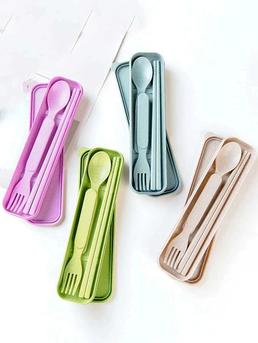 เซต อุปกรณ์ทานอาหาร 3 ชิ้น หลากสี และ กล่องใส่ของ 1 ชิ้น hh-25