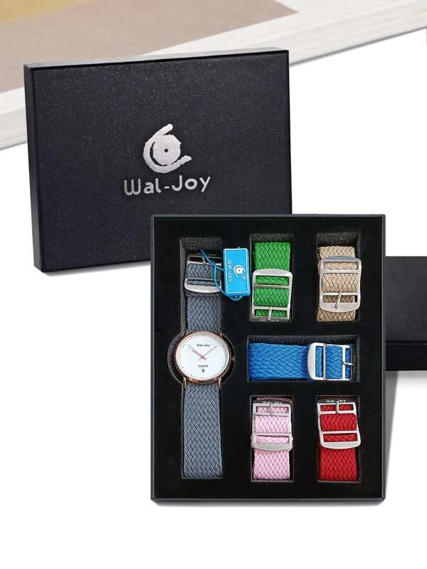 1 ชิ้น นาฬิกาควอทซ์ ตัวชี้ แบบกลม & 5 ชิ้น สายหนัง ไนลอน  น-0190