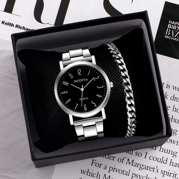 EW58-【นาฬิกาข้อมือ + สร้อยข้อมือ】นาฬิกาควอตซ์ ลําลอง สําหรับผู้ชาย พร้อมสายสแตนเลส