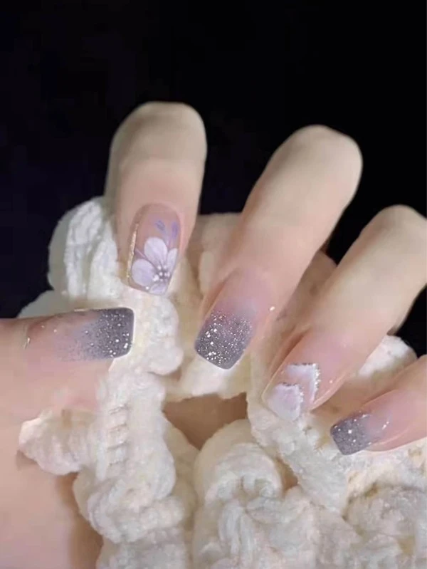 24 ชิ้น เล็บปลอม ทรงเหลี่ยม สั้น & ตะไบเล็บ 1 ชิ้น & เทป 1 แผ่น   ค-63