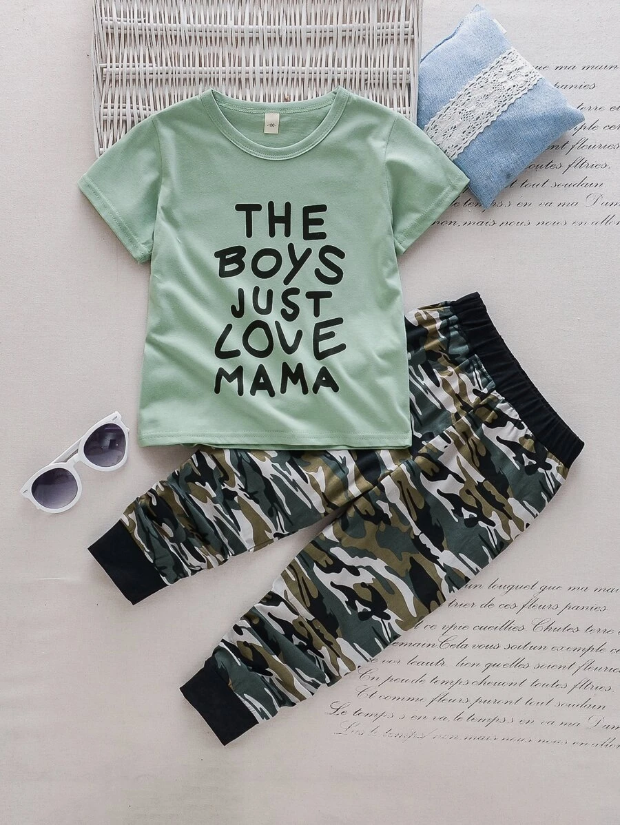 เด็กผู้ชายวัยหัดเดิน ภาพกราฟิกสโลแกน เสื้อยืด พร้อม ลายพราง กางเกงขายาว b-95