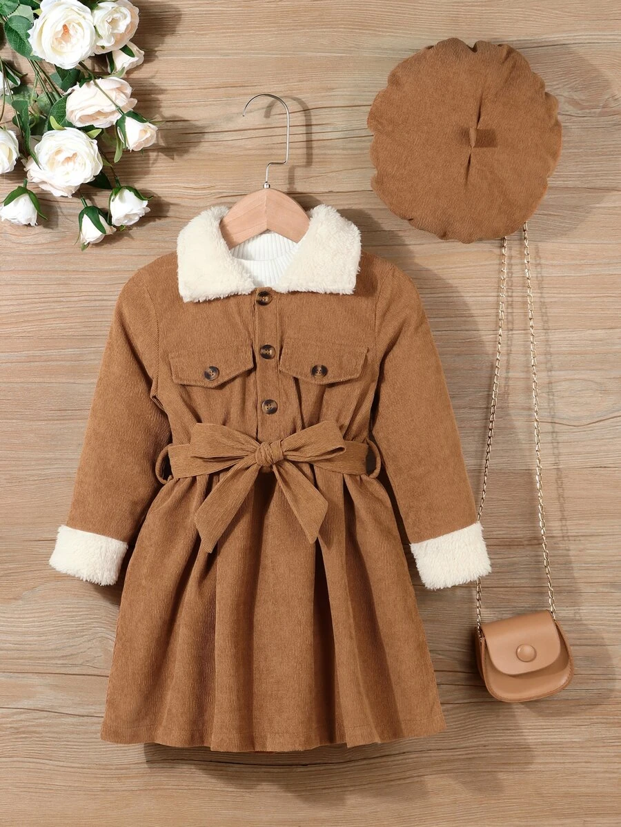 เด็กผู้หญิง เดรส บอร์ก คอลลาร์ แต่งเข็มขัด ผ้าลูกฟูก & หมวก ไม่มีเสื้อสเวตเตอร์ a-30