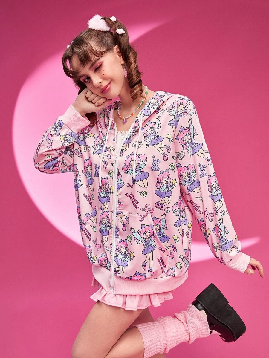 ROMWE ฮู้ดดี้แบบมีซิป กราฟฟิค การ์ตูน  cc-33