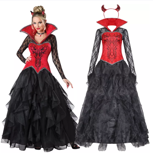 SE48@Women Vampire Cosplay Costume Elegant Slim Fit Lace Queen Dresses Horn Demon Uniform Dress Set Halloween Party Role Play