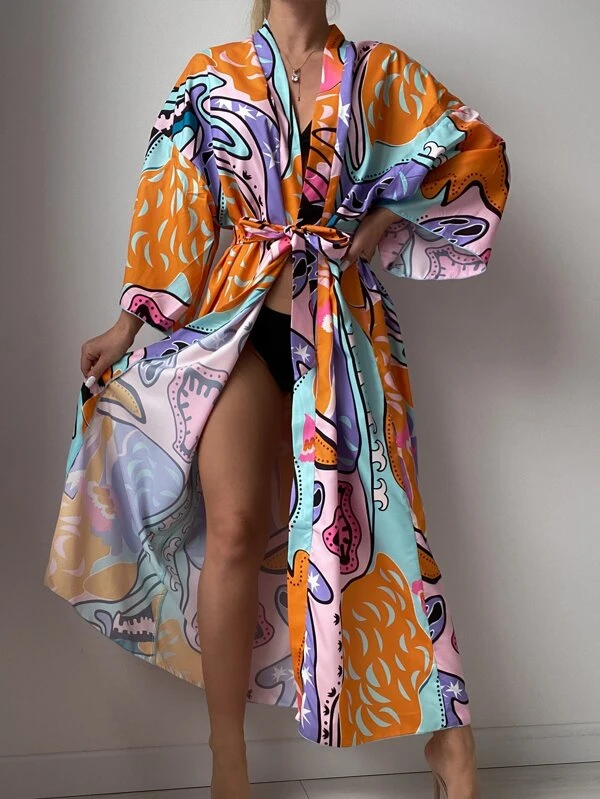 กิโมโน พิมพ์ลาย ไหล่ตก สายผูกเอว mm-253