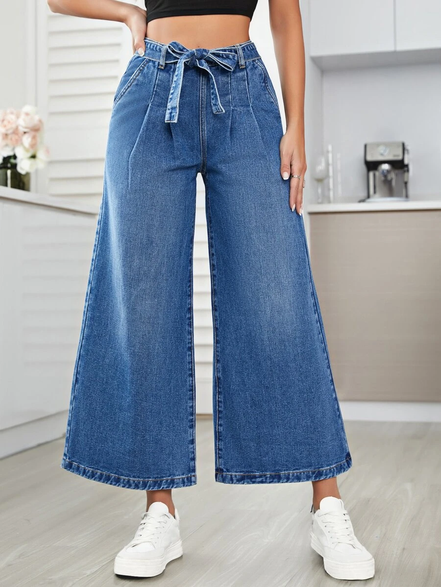 กางเกงยีนส์ เอวสูง แต่งเข็มขัด ขากว้าง  ee-87