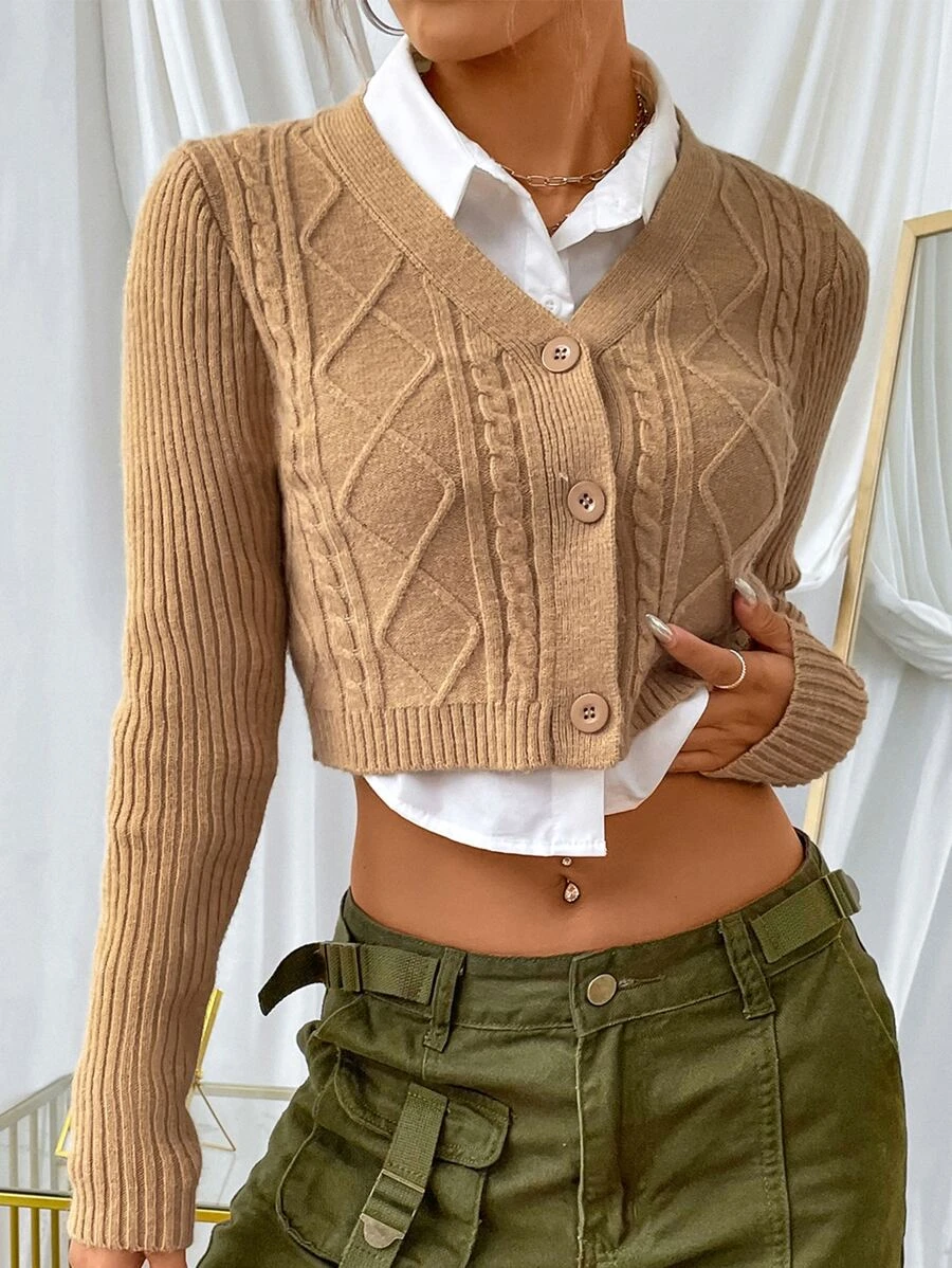 เสื้อคาร์ดิแกน ครอป ถักลายสายเคเบิล ไม่มีเสื้อเชิ้ต   i-89