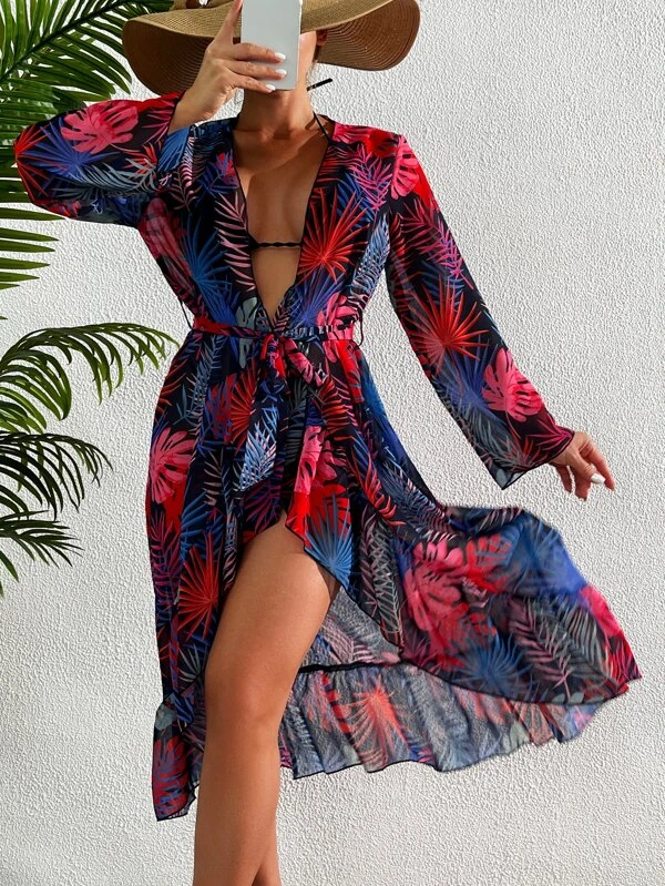 กิโมโน พิมพ์ ทรอปิคอล แต่งเข็มขัด  mm-179