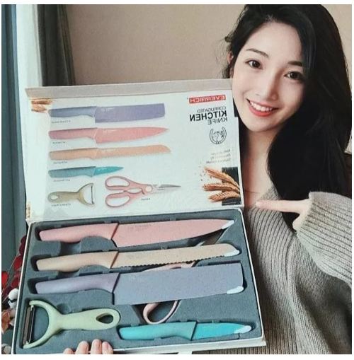 KIT51-มีด ชุดมีดทำครัว ชุดมีด6ชิ้น ชุดมีดสีพาสเทล วัสดุ ใบมีด สแตนเลส ด้ามจับ พลาสติก PP ผิวทราย กันลื่น สารเคลือบใบมีดกันติด