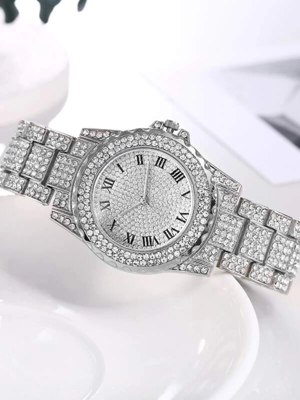 นาฬิกาควอทซ์ ตัวชี้ แบบกลม ตกแต่ง พลอยเทียม  น-67