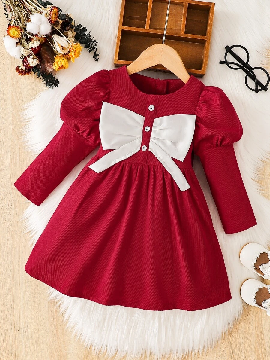 เด็กผู้หญิง เดรส โบว์หน้า แขนขาเนื้อแกะ  a-19