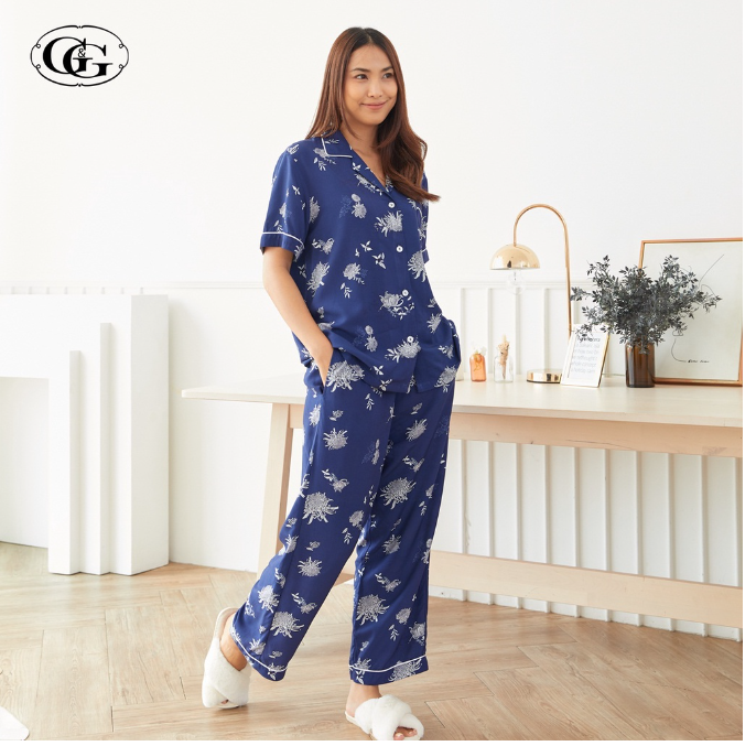 GG45>G&G Nightwear รุ่น EN6P13 ชุดนอนเสื้อแขนสั้นคอปก + กางเกงขายาว สี NV ชุดนอน Spun Rayon
