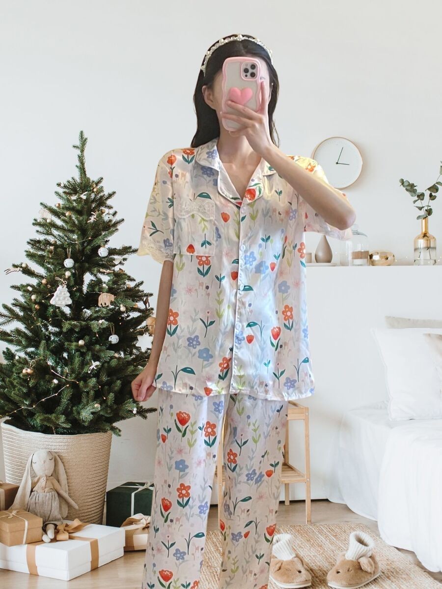 เซตชุดนอนผู้หญิง ชุดนอนผู้หญิง ชุดนอนผ้าซาติน แขนสั้นขายาว ขอบลูกไม้ เรียบหรู ผ้าซาติน bb-18