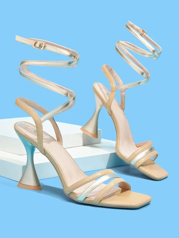 รองเท้าแตะรัดส้น ออกแบบ ปมที่ขา ส้นสูง ทรงพีระมิด l-15