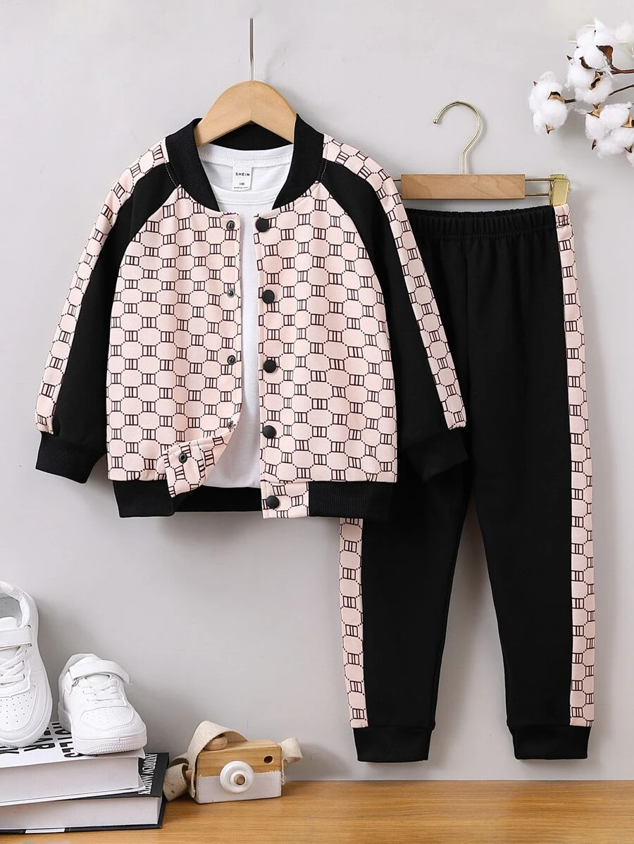 แจ็กเกต เด็กเล็กผู้ชาย ลายเรขาคณิต แขนแรกแลน บอมเบอร์ และ กางเกงวอร์ม b-31