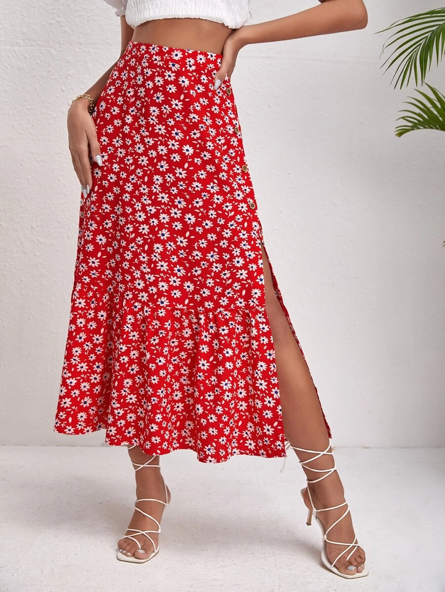 VCAY กระโปรง ลายดอกไม้ขนาดเล็ก ผ่าลึก ชายระบาย