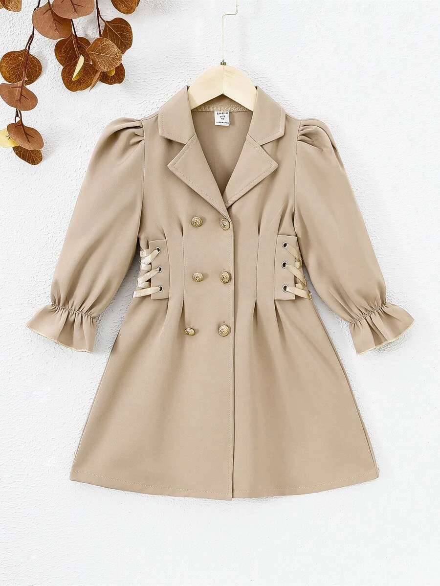 เด็กผู้หญิง เดรส กระดุมแถวคู่ แขนเย็บรอยจีบ ลูกไม้ด้านข้าง a-3