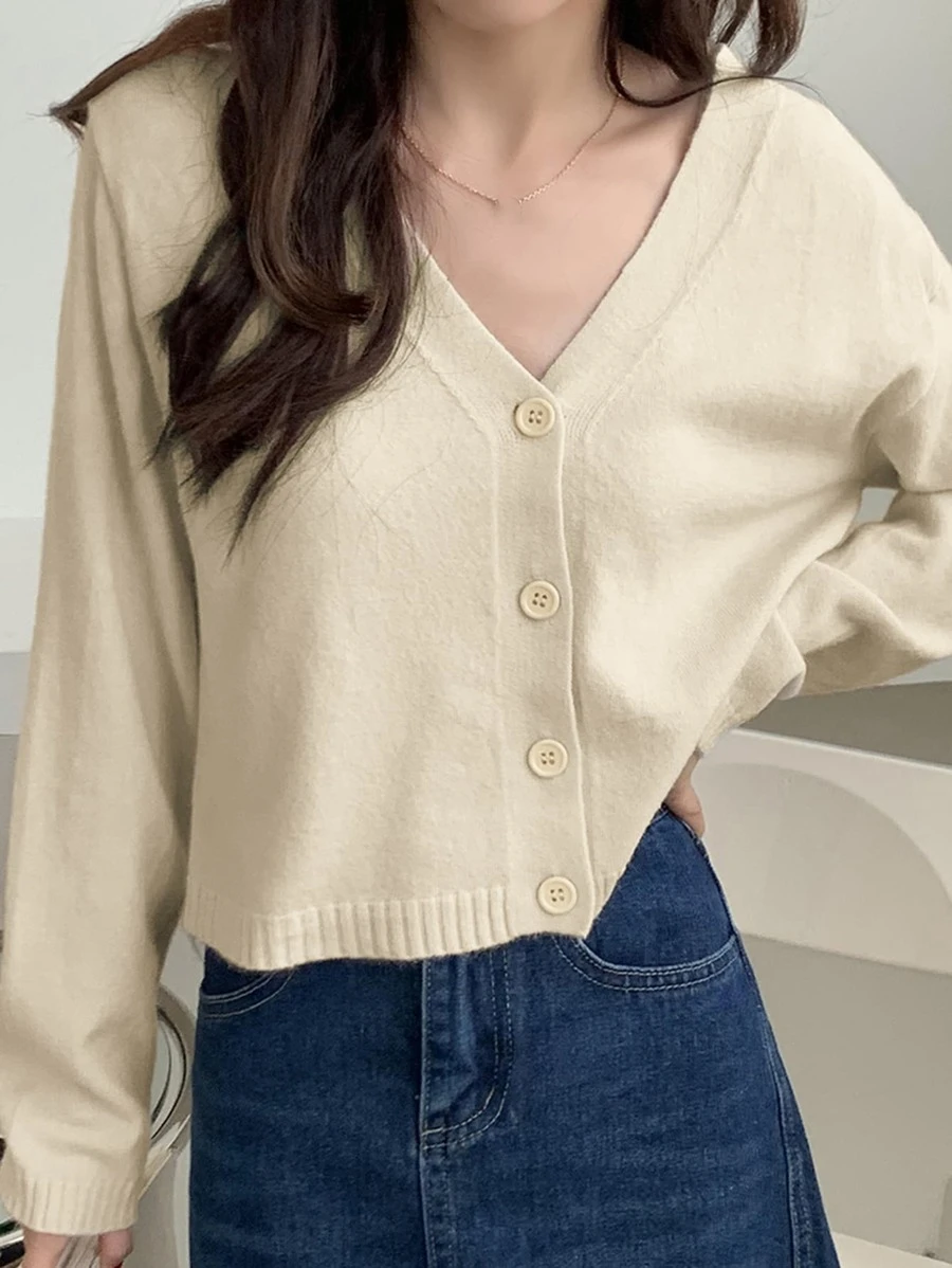 เสื้อคาร์ดิแกน ครอป สีพื้น กระดุมแถวหน้า i-64