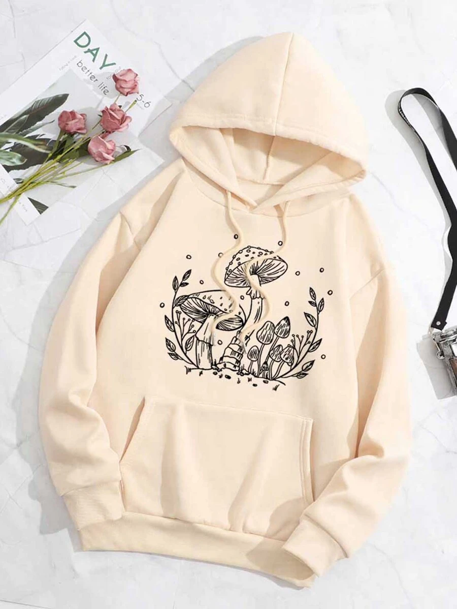 เสื้อฮู้ด ให้ความอบอุ่น พิมพ์ เห็ด กระเป๋าจิงโจ้ เชือกรูด  cc-72