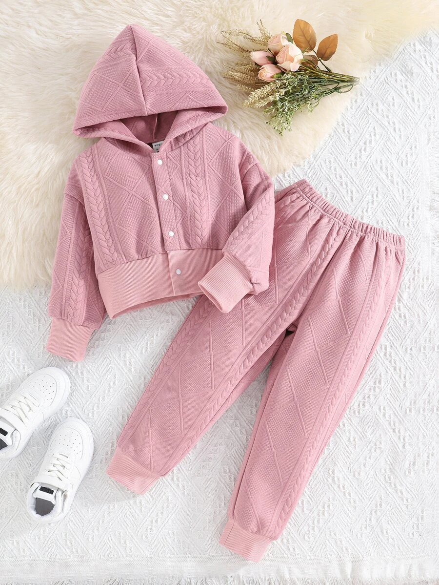 เด็กผู้หญิง แจ็คเก็ต ลายเคเบิล ฮูด & กางเกงวอร์ม a-80