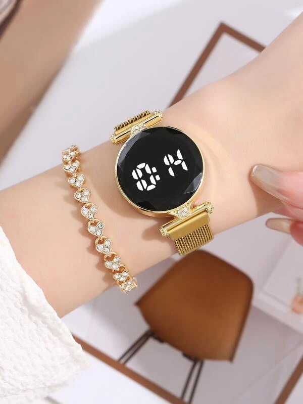 นาฬิกาข้อมือ อิเล็กทรอนิกส์ 1 ชิ้น ติดแม่เหล็ก สายผ้าโปร่ง ทรงกลม และ สร้อยคอ 1 ชิ้น  น-161