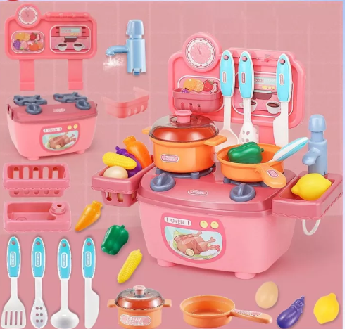 JIN72-ชุดครัวเด็ก ชุดครัวของเล่น ความสูง 28 ซม. ห้องครัวของเล่น ครัวจำลอง ชุด 20 ชิ้น (ก๊อกน้ำจะออกมาจากน้ำ)
