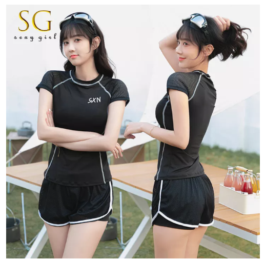 S20 SG ชุดว่ายน้ำผู้หญิงแบบแยกส่วน สไตล์สปอร์ต ปกปิดเนื้อ กางเกงเอวสูง เสื้อแขนสั้น มีฟองน้ำ พร้อมส่ง-038805