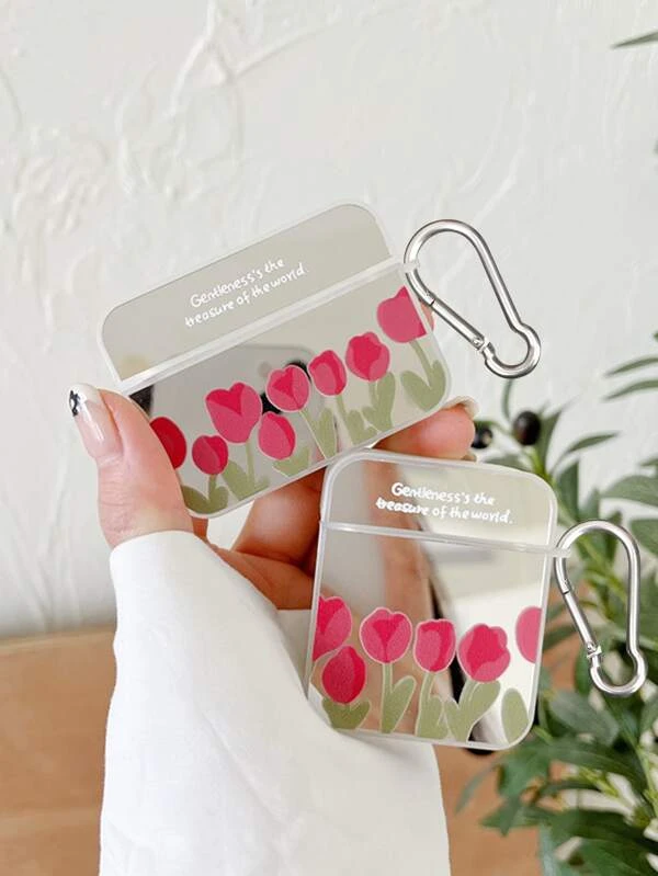 ดอกทิวลิป พิมพ์ กระจกเงา พวงกุญแจ เคส เหมาะกับ Airpods e-16
