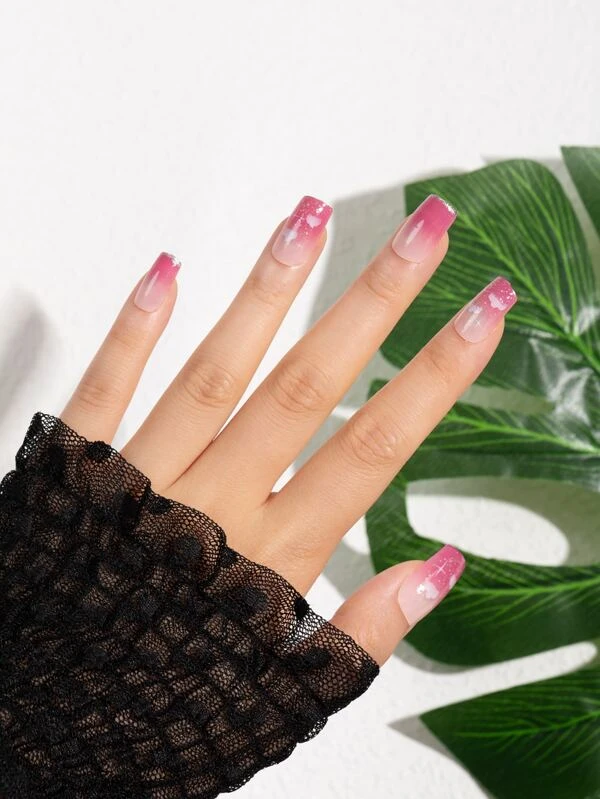 24 ชิ้น เล็บปลอม ยาว สี่เหลี่ยม บล็อคสี & ตะไบเล็บ 1 ชิ้น & 1 แผ่น เทป c-12