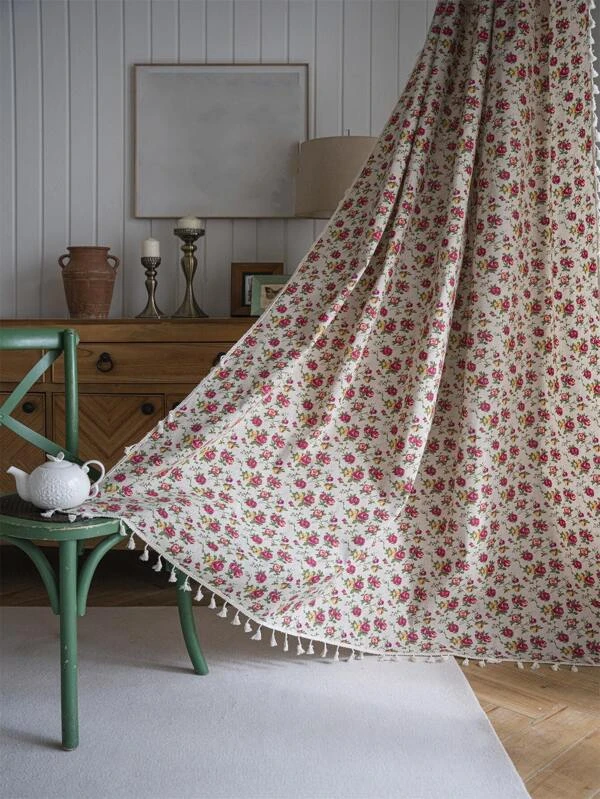 ผ้าม่านเดี่ยว ลาย ดอกไม้ ขอบฝอย / ขอบประดับพู่  ผ177