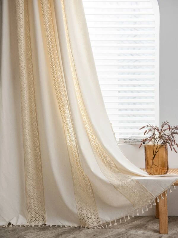 ผ้าม่านเดี่ยว ตกแต่ง พู่ โครเชต์  0100